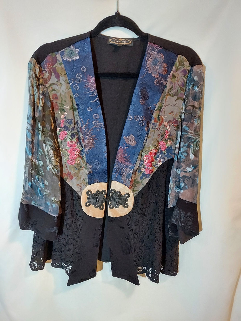 VTG Violet Kay Mixed Media Asian Print Kimono Jacket Lace Sheer Floral Boho XL